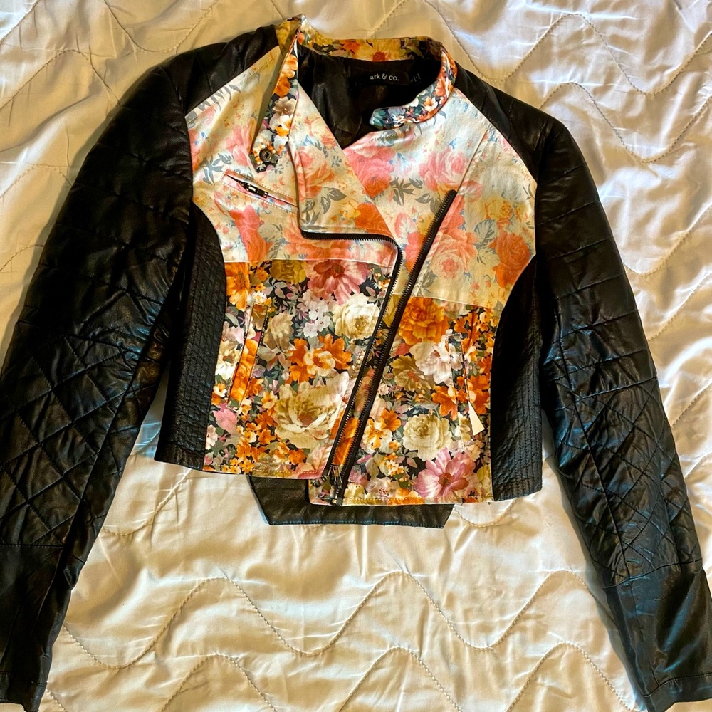 Floral Pattern Cropped Leather Jacket